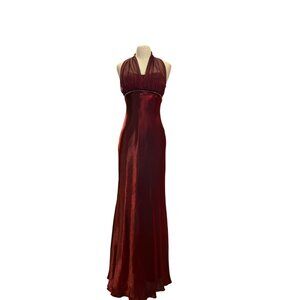Morgan & Co. Burgundy Halter Evening Gown Satin Chiffon Beaded Empire Waist Floo